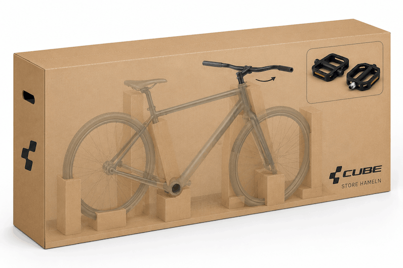 Vormontiertes Fahrrad im Versandkarton